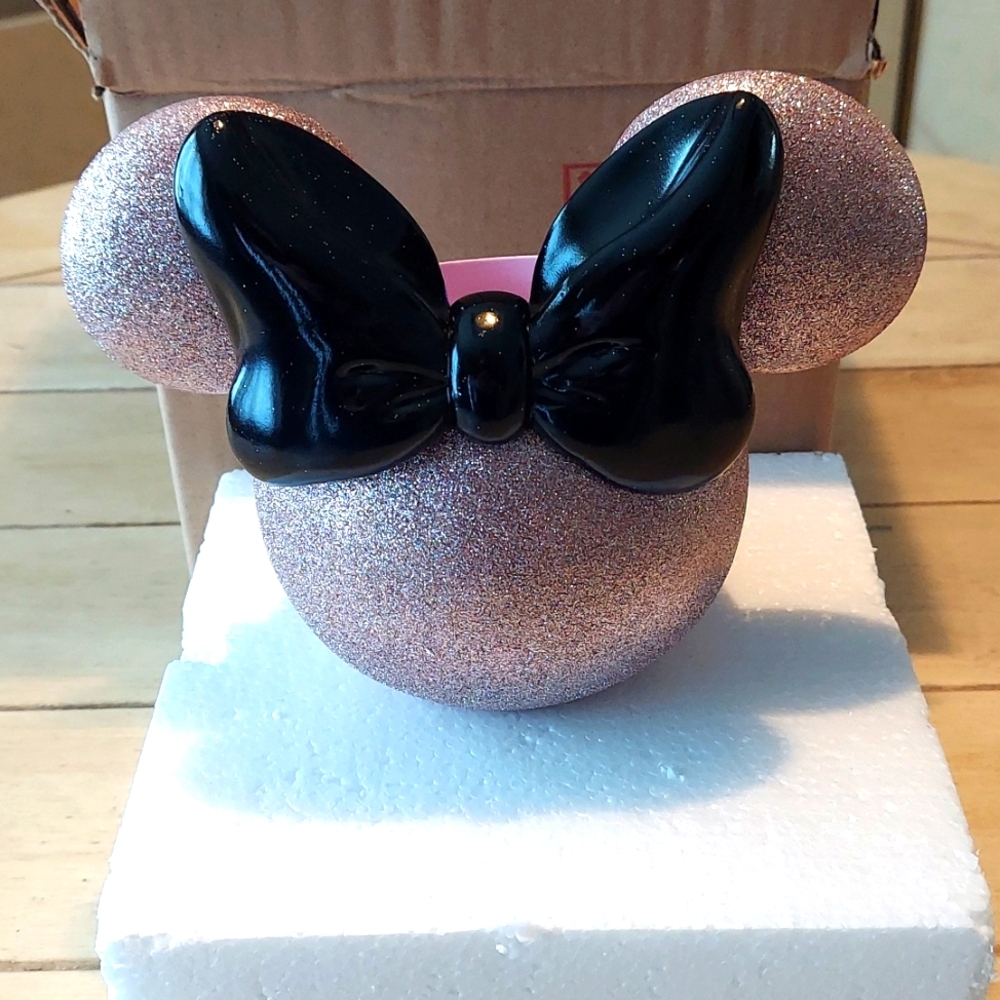 Glittery Pink Minnie Mouse Ears Black Bow Ceramic Accessory Makeup Tumbler BNWT